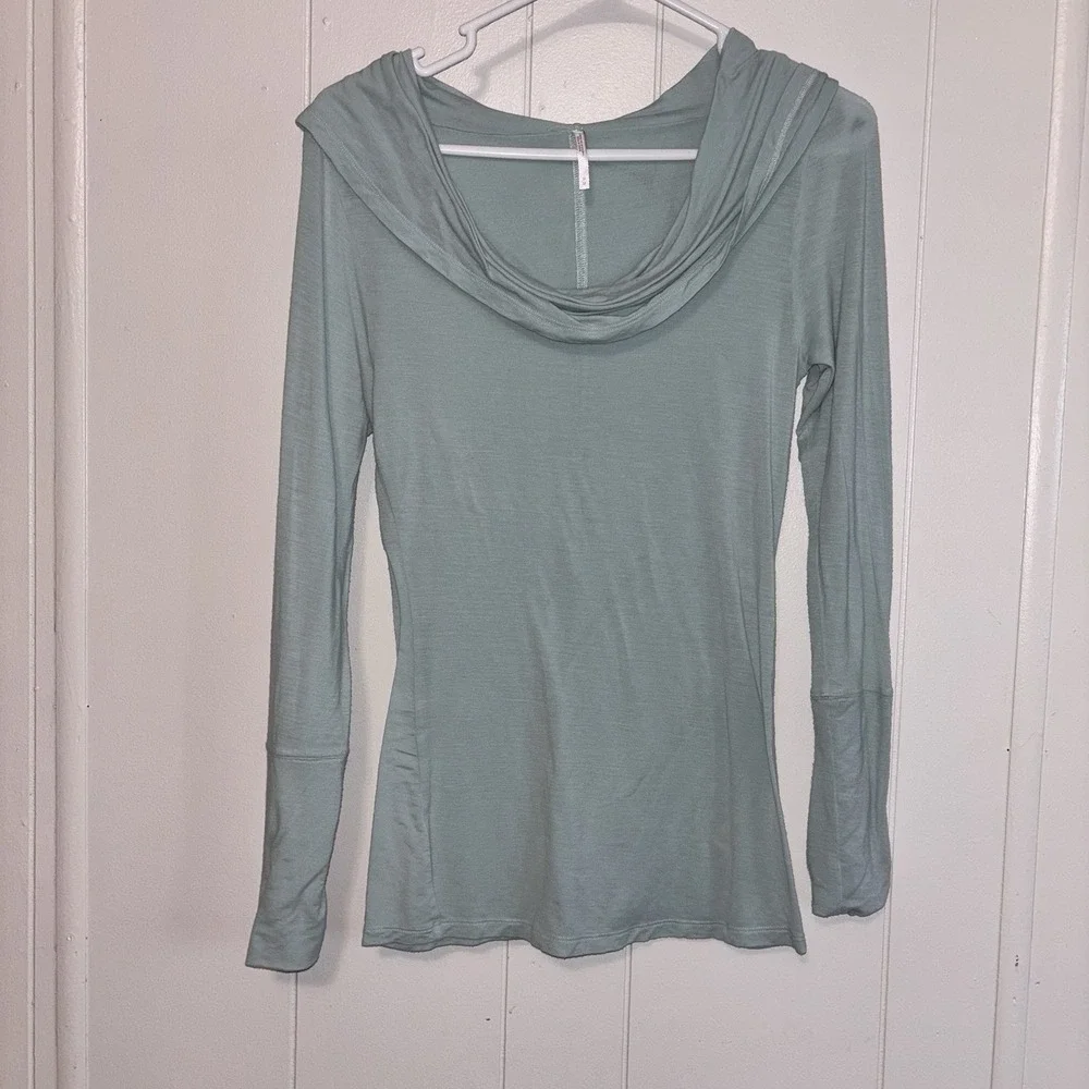 Free People Sea Blue Green Long‎ Sleeve Fitted Tencel Shirt Running Late Top Med